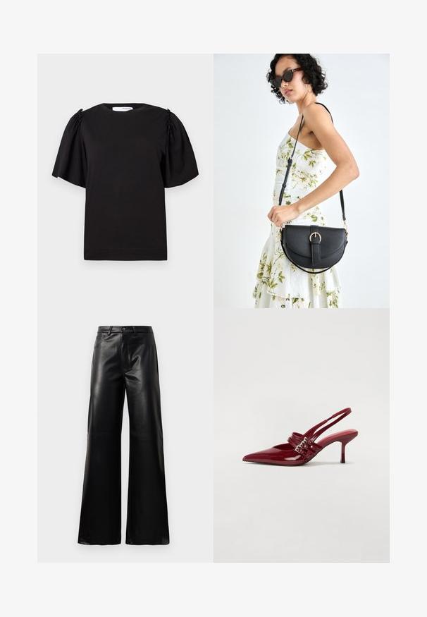 Fekete, rövid ujjú póló, kerek nyakkivágással, ráncolt részletekkel a vállaknál, sima pamut felülettel. Egyszerű, klasszikus dizájn.; Fekete, magas derekú, széles lábú, műbőr nadrág elülső gombbal, cipzárral, övbújtatókkal és oldalsó zsebekkel, fehér háttérrel.; Piros lakkbőr slingback sarokcipő, hegyes orral, két csatoló pánttal és vékony, közepes magasságú stiletto sarokkal. Simább textúrájú.; Fekete bőrtáska ívelt formával, levehető pánttal és arany színű fémrészekkel. A táskán egy csattal díszített fedél található.