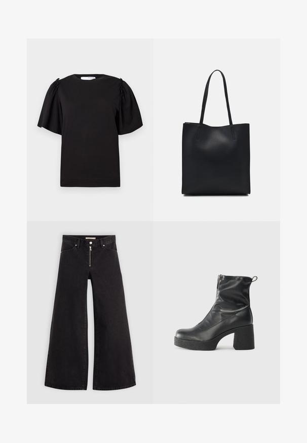 Sort kortærmet t-shirt med rund hals, samlede detaljer på skuldrene og en glat bomuldsfinish. Simpelt, klassisk design.; Vide ben jeans i sort denim med lynlås foran, fem lomme-design og subtile stikninger. Glat tekstur og afslappet stil.; Sorte ankelstøvler lavet af glat læder, med en sidelukning, kraftig struktureret hæl og rundt tådesign.; Sort læder tote taske med glat tekstur, rektangulær form og to lange hanke. Ingen synlig hardware eller udsmykninger.