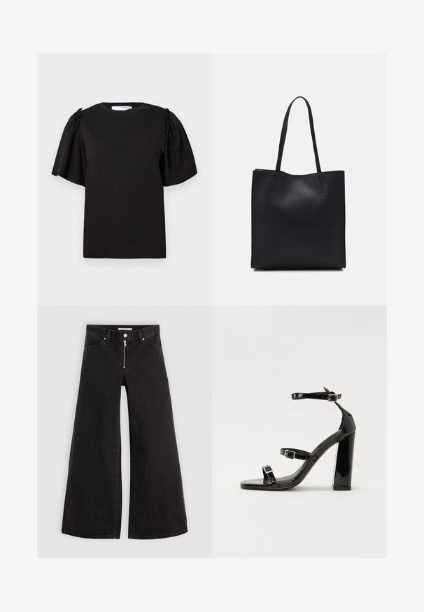 Sort kortærmet t-shirt med rund hals, samlede detaljer på skuldrene og en glat bomuldsfinish. Simpelt, klassisk design.; Vide ben jeans i sort denim med lynlås foran, fem lomme-design og subtile stikninger. Glat tekstur og afslappet stil.; Sorte patenterede hælsandaler med firkantet tå, ankelremme og sølvspænder. Har en chunky blokHæl for stabilitet.; Sort læder tote taske med glat tekstur, rektangulær form og to lange hanke. Ingen synlig hardware eller udsmykninger.
