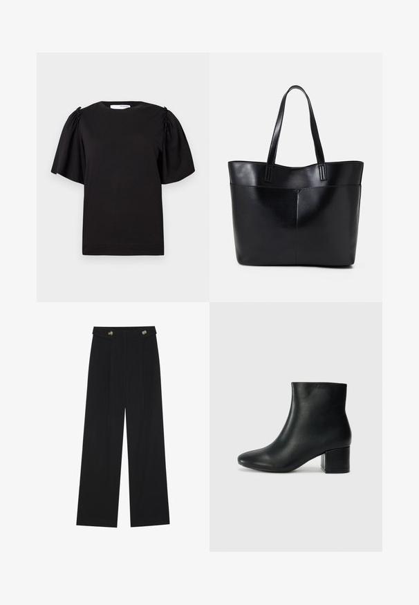 Zwarte t-shirt met korte mouwen en ronde hals, met geplooide details op de schouders en een gladde katoenen afwerking. Eenvoudig, klassiek ontwerp.; Zwarte wijde broek met hoge taille, knoopdetails op de tailleband en plooien aan de voorkant.; Zwarte leren enkellaarzen met een spitse neus en een chunky hak. Gladde textuur met minimale accenten en een slank, strakk ontwerp.; Zwarte leren tote bag met twee lange handvatten, een zachte textuur en een gestructureerde vorm. Voorzien van een voorvak voor extra opslagruimte.