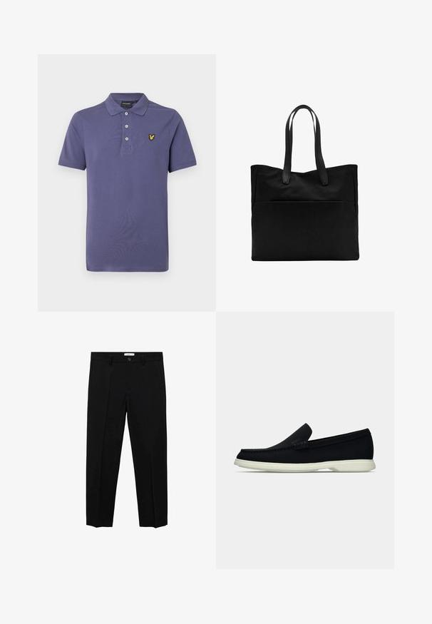 Polo tričko v tmavom fialovom bavlnenom materiáli s klasickým golierom, trojzápadkovým zapínaním a žltým vyšitým logom na ľavej hrudi.; Čierne oblekové nohavice so strihaním do rovna, s jednému gombíku, pútkami na opasok a prednými záhybmi. Vyrobené z hladkej látky.; Čierne nazúvacie topánky s okrúhlou špičkou, s textúrovaným zvrškom, hladkou bielou podrážkou a jemným brandingom po boku.; Čierna taška s dlhými uchami, vyrobená z hladkej textílie. Obsahuje prednú vrecko a minimalistický dizajn. Žiadne viditeľné kovanie ani vzory.
