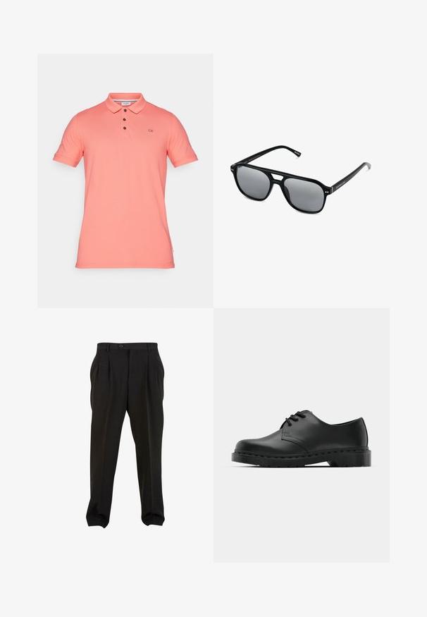 Korálová polo košile vyrobená z bavlny, s klasickým límečkem, zapínáním na tři knoflíky a vyšitým logem CK na hrudi. Krátké rukávy.; Černé kalhoty z hladké tkaniny, se zapínáním na tlačítko v pase, předními sklady a zúženými manžetami u kotníků. Klasický elegantní střih.; Černé kožené oxfordy s šněrováním, zakulacenou špičkou, plochou gumovou podrážkou a jemným prošíváním podél svršku.; Černé sluneční brýle s obdélníkovými rámy, šedými tónovanými skly a designem s výřezem ve střední části. Hladký, lesklý plastový materiál, s úzkými stranami.