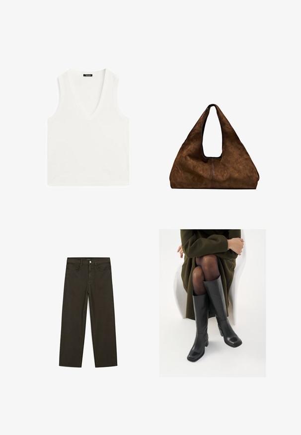 Bílý bezramenný top s hlubokým V výstřihem, vyrobený z měkké, hladké tkaniny. Rovný lem a minimální detaily celkově.; Tmavě zelené široké džínsy vyrobené z bavlněné směsi, s předním zapínáním na knoflík, pěti kapsami a klasickým denimovým stehem.; Černé kožené boty po kolena s hranatou špičkou a blokovým podpatkem, předvedené na modelce sedící v olivově zeleném kabátu. Hladký povrch, minimalizované detaily.; Hnědá semišová taška přes rameno s otevřeným vrchem. Disponuje hlubokým a širokým tělem, vyřezávaným držadlem a minimálním prošíváním pro čistý design.