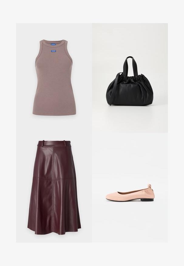 Brun ribbet singlet med rund hals, ermeles design og en liten blå logoetikett på forsiden. Glatt tekstur, tettsittende fasong.; Burgunderfarget skinn A-linjekjole med en glatt tekstur, synlige sømmer og midjebånd. Midtlengde, utvidet form med en lett buet kant.; Lys rosa ballerinasko laget av glatt materiale med avrundet tå, fleksibel bakdel og en liten svart hæl.; Svart lærveske med en samlet toppdesign, som har to korte håndtak og en lang justerbar stropp. Glatt tekstur, rund form.