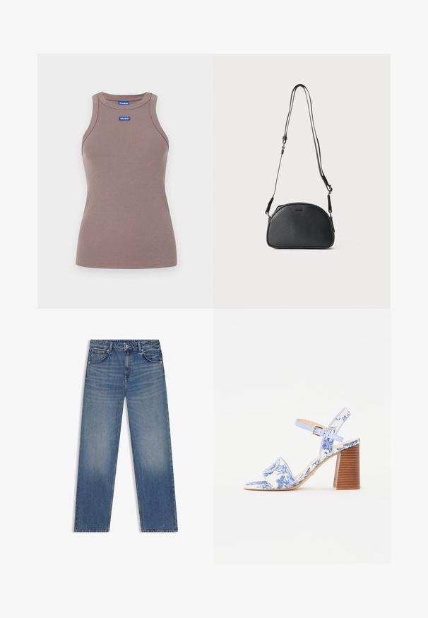 Bruine geribde tanktop met een ronde halslijn, mouwloos ontwerp en een klein blauw logo label op de voorkant. Glad textuur, aansluitende vorm.; Lichtblauwe denim jeans met een rechte pasvorm, vijf zakken en subtiele vervaging. Heeft een standaard tailleband en contrasterende stiksels.; Blauw bloemenpatroon sandaal met een vierkante neus, een brede band en een verstelbare enkelband, met een getextureerde houten blokhak.; Zwarte leren schoudertas met een ronde vorm, twee verstelbare banden en een subtiel logo op de voorkant. Gestructureerde buitenkant, minimalistisch ontwerp.
