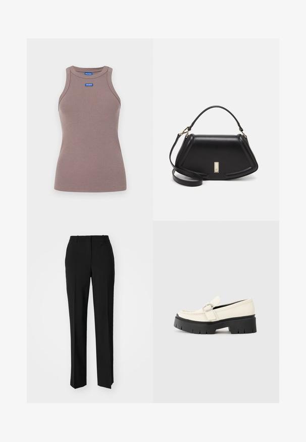 Smeđa rebrasta majica bez rukava s okruglim dekolteom, s malom plavom oznakom sprijeda. Glatka tekstura, prilagođenog kroja.; Crne krojene hlače ravnog kroja, s glatkom teksturom i oštrim pregibima naprijed. Bez vidljivih metalnih dijelova.; Bijeli kožni loafer s debelim crnim platformom, s pravokutnom srebrnom kopčom i vidljivim šavnim detaljima na gornjem dijelu.; Crna kožna torba s strukturiranim dizajnom, s krojenim oblikom, gornjom drškom i zlatnim detaljima. Uključena je podesiva ramena traka.