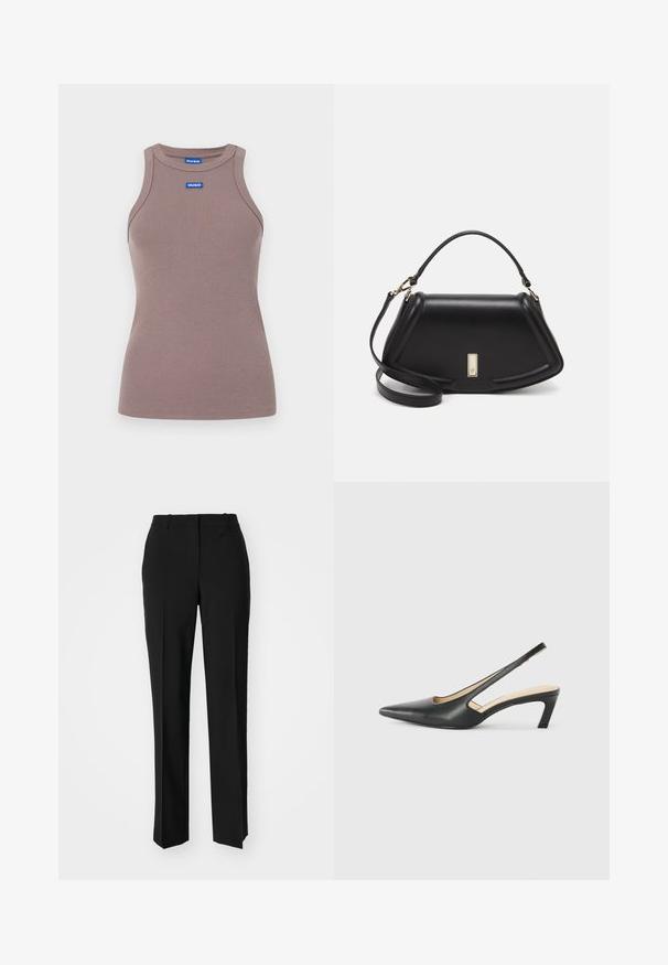 Pruun ribidega tank top ümmarguse kaelusega, ilma varrukateta disain ja väike sinine logo silt ees. Sile tekstuur, sobiv kuju.; Mustad ja sirged püksid, millel on sile tekstuur ja teravad voldid esiosas. Ilma nähtavate detailideta.; Must mustaga, terav varvas, madala kontsaga sildiga king, mis on valmistatud siledast nahast ja mille küljel on lõike disain hingavuse tagamiseks.; Must mustrist käekott, millel on struktureeritud disain, lühendatud kuju, ülemine käepide ja kuldne metallist detail. Reguleeritav õlalihm on kaasas.