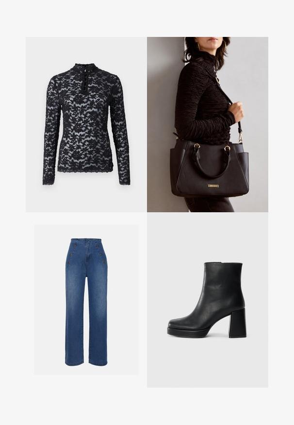 Rosemunde Camisola de manga comprida - black; Calças de ganga de cintura alta em azul médio. Apresentam detalhes com botões na frente e um design de perna larga. O tecido tem uma textura suave com um ligeiro desbotamento.; Bota de couro preta até ao tornozelo com salto bloco e sola com plataforma, vista de lado sobre um fundo branco liso.; Bolsa preta com superfície texturizada, alças superiores duplas e alça de ombro ajustável. Apresenta ferragens em tom dourado e bolsos laterais.