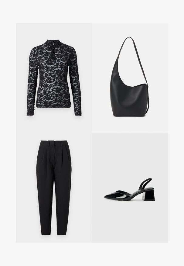 Rosemunde Hosszú ujjú felső - black; Fekete nadrág egyenes szabással, elöl redőkkel, sima textúrával és oldalsó zsebekkel. A derékpánt standard magasságú.; Fekete lakk bőr szandálkés magas sarkú cipő, hegyes orral és geometrikus tömbsarkakkal. Karcsú, minimalista dizájn és sima textúra jellemzi.; Fekete bőr hobo táska sima textúrával, ívelt formával és egyetlen állítható pánttal; széles nyílás található a tetején.