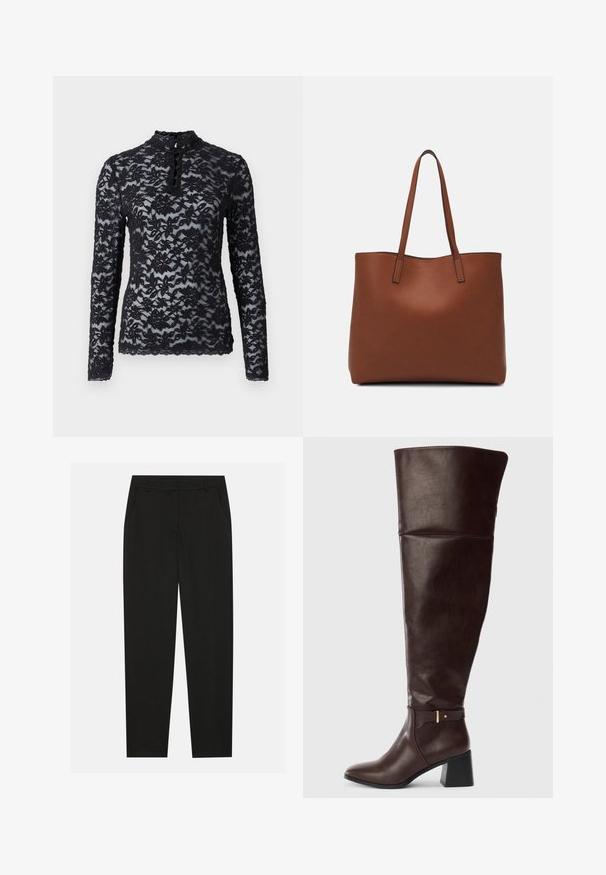 Rosemunde Long sleeved top - black; Black trousers with a tailored design, featuring side pockets and a straight leg. Made from smooth, lightweight fabric with a sleek finish.; Dark brown knee-high leather boot with block heel and decorative strap detail on side, shown against a plain light background.; Brown leather tote bag with a smooth texture, open top design, and two shoulder straps. Features minimal stitching and no visible hardware.