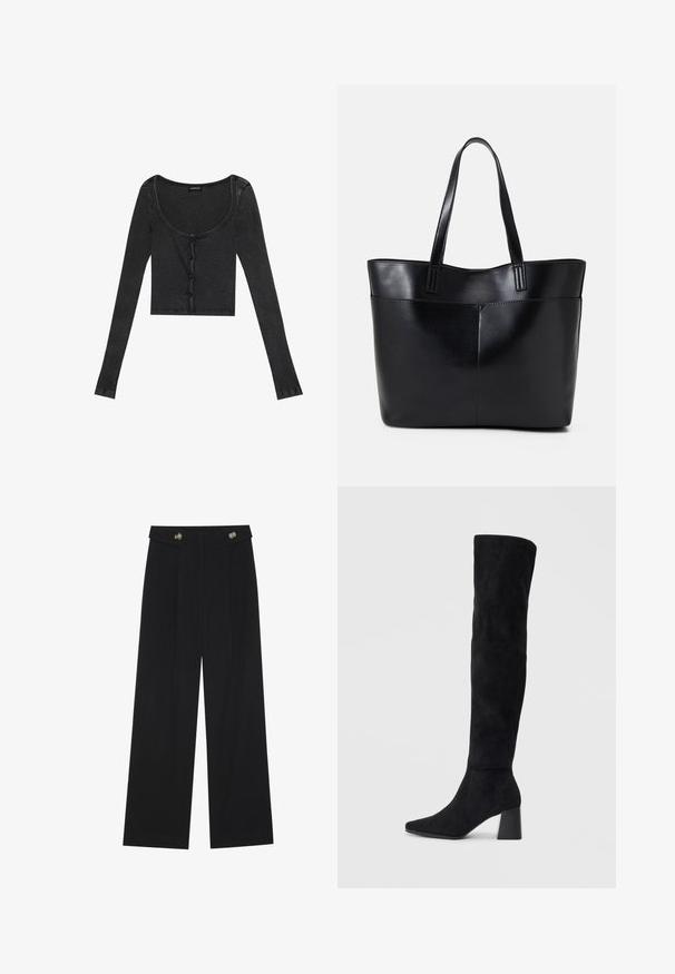 Fekete bordázott, hosszú ujjú, rövidített felső, kerek nyakkivágással, elől gombos záródással és texturált anyaggal. Finom függőleges csíkokkal rendelkezik.; Fekete, bő szárú nadrág magas derékkal, gombos részletekkel a derékrészen és elülső pliszékkal.; Fekete nubuk térd fölé érő csizma, tömbsarokkal, hegyes orral és sima, varrat nélküli dizájnnal, világos háttérrel.; Fekete bőr bevásárlótáska két hosszú fogantyúval, sima felülettel és strukturált formával. Elülső zseb található rajta a plusz tárolás érdekében.