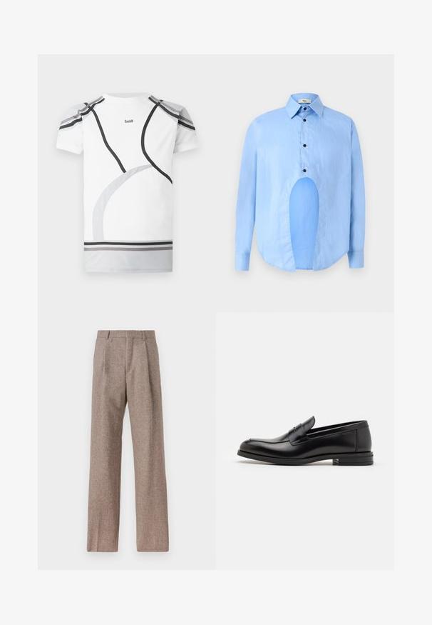 Valge sporditop, millel on hallid ja mustad kaardus aktsendid, võrkpaneelid õlgadel ja logo taga. Kujundatud sobima kehakujuga ning pakkuma mugavust.; Heledsinine pikkade varrukatega särk, millel on terav krae, mustad nupud ja ainulaadne lõige ees eristuva disaini jaoks.; Prunnid, kõrge vöökohaga püksid, mis on valmistatud tekstureeritud kangast. Omavad laiu jalgu ja kahte eesmist voldikut struktuuri jaoks. Korralik viimistlus, ilma nähtava riistvarata.; Mustad mustad nahast loafers sileda tekstuuriga, ümarat ninaosa ja dekoratiivne riba vampi üle. Madal kihiline konts, minimalistlik disain.