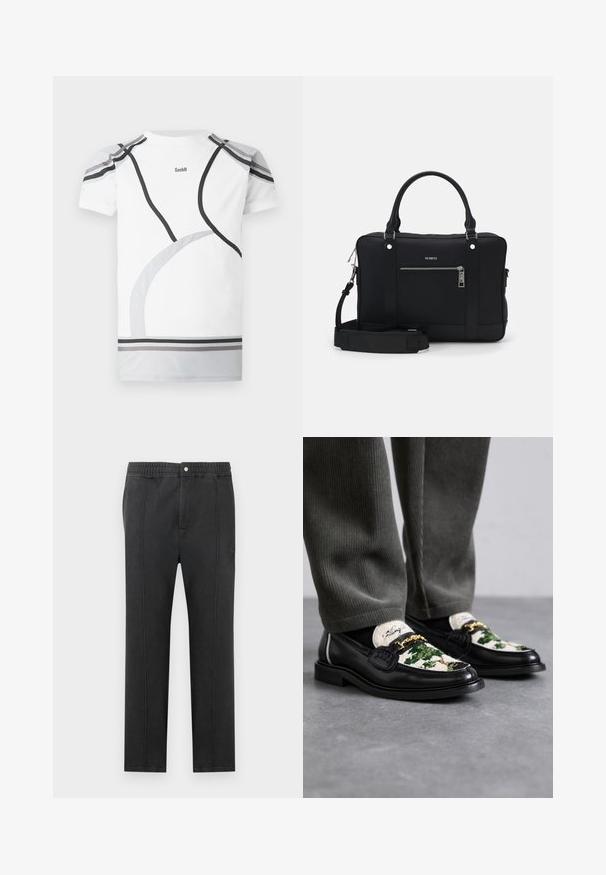White sport t-shirt with gray and black curved accents, mesh shoulder panels, and a logo at the back. Designed for a fitted look and comfort.; Black pants with an elastic waistband, flat front, two side pockets, and decorative stitching. No visible patterns or hardware details.; Black leather loafers with a decorative green and white textile upper. Features a gold chain accent and textured black sole.; Black synthetic tote bag with two handles, a detachable shoulder strap, front zippered pocket, and silver hardware accents.