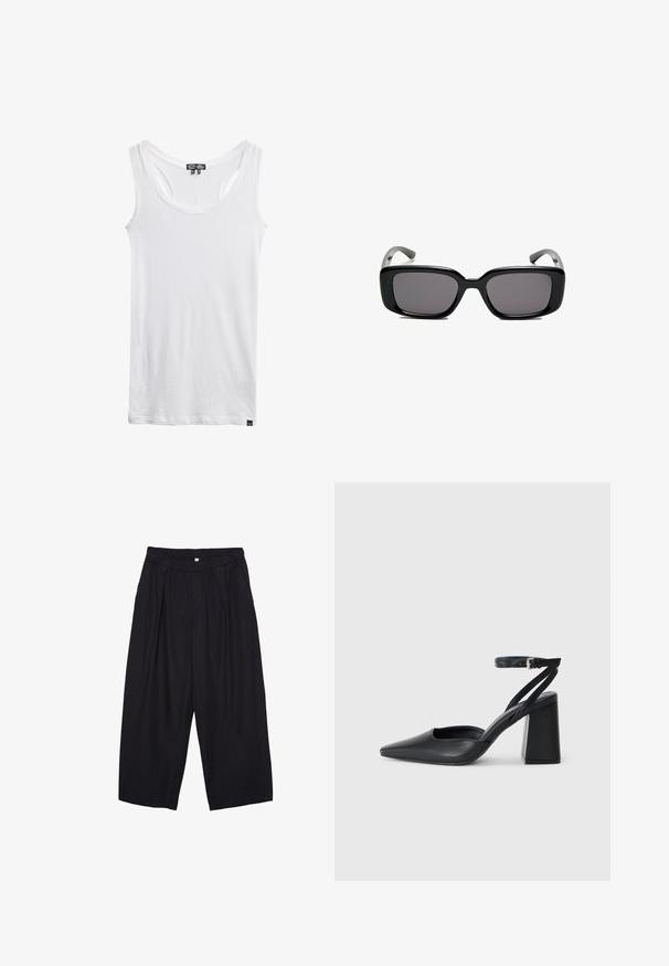 Witte katoenen tanktop met brede bandjes, een ronde hals en een rechte zoom. Kenmerkt zich door een klein merketiket aan de linksonder.; Zwarte polyester culottes met een elastische tailleband, twee voorkreukels en een losse pasvorm. Geen zichtbare patronen of hardware-details.; Zwarte leren puntige pump met een enkelbandje en een chunky hak. Vlakke textuur, strakke vormgeving en minimalistische esthetiek.; Zwarte rechthoekige zonnebril met donkere lenzen, een gladde kunststof montuur en gebogen pootjes. Het ontwerp is robuust met een minimalistische esthetiek.