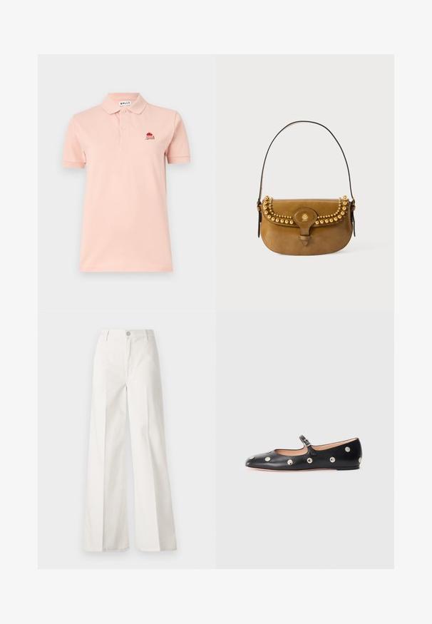 Bally Poloshirt - dusty petal; Weiße weite Hosen aus Baumwolle mit glatter Textur. Sie verfügen über einen vorderen Knopf, einen Reißverschluss und ein Design mit vier Taschen.; Schwarze Leder-Mary-Jane-Ballenflats mit runder Zehenform, ausgestattet mit silbernen runden Nieten und einem verstellbaren Riemen mit Schnalle.; Braune Lederhandtasche mit einer geschwungenen Form, verziert mit goldenen Nieten entlang der Oberseite, einem kurzen Riemen und einem Schnappverschluss.