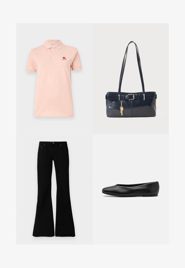 Bally Polo majica - dusty petal; Črne razširjene kavbojke iz denima, ki vključujejo klasično zasnovo s petimi žepi, zapiranje na gumb in diskretne šive ob šivih.; Paul Smith TOPANGA - Balerinke - black; Mornarska usnjena torbica z dvema dolgima ročajema, dodatkom z zaponko in pritrjeno ključavnico. Ima gladko teksturo in pravokotno obliko.