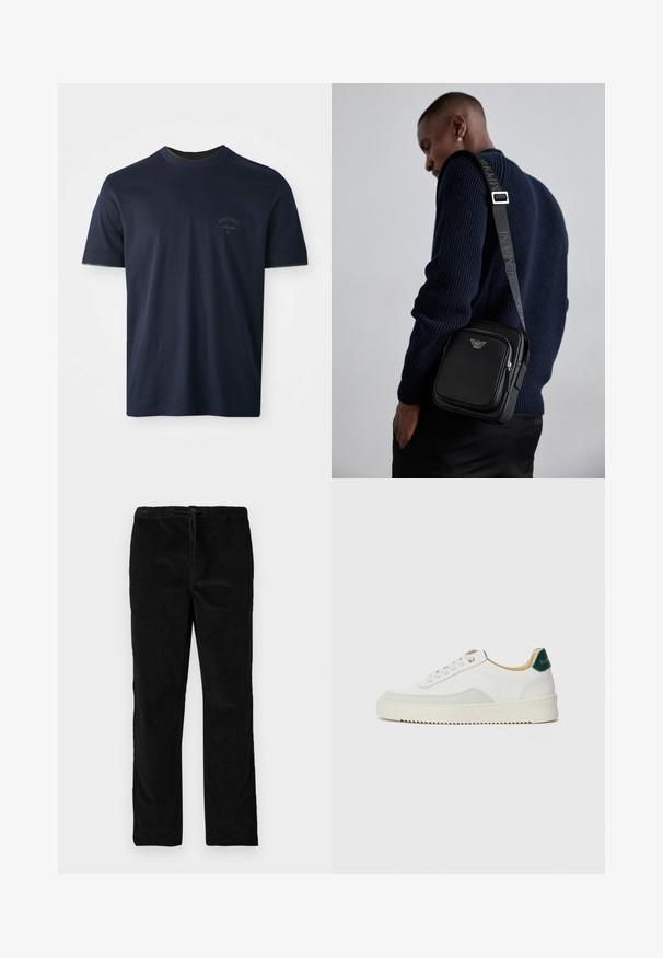 Námorně modré bavlněné tričko s krátkým rukávem, kulatým výstřihem a vyšitým logem na levé hrudi. Hladká textura, klasický střih.; Černé sametové kalhoty rovného střihu s elastickým pasem a předním šňůrkovým zapínáním, vystavené na jednobarevném bílém pozadí.; Bílé tenisky se semišovými prvky, kulatou špičkou, plochými tkaničkami a krémovou gumovou podrážkou. Na patě mají zelené logo.; Černá kožená crossbody kabelka s zipovou kapsou, detailem loga a nastavitelným popruhem se značkou. Nositá na texturovaném námořnickém svetr.