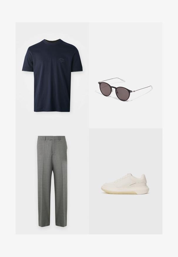 Navy blue cotton t-shirt with short sleeves, crew neck, and an embroidered logo on the left chest. Smooth texture, classic fit.; Gray dress pants made from textured fabric, featuring a straight-leg design and a flat front, with belt loops and no visible pockets.; White sneakers with smooth leather upper, rounded toe, and thick rubber sole. Features minimal stitching and a subtle logo detail on the side.; Black round sunglasses with dark lenses and slim metal arms. Includes clear temple tips and silver accents at the hinge. Minimalist design.