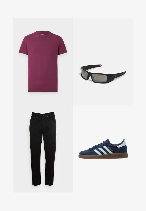 Bordo trumpomis rankovėmis marškinėliai, pagaminti iš medvilnės, su apvalia iškirpte ir mažuoju išsiuviniu kairėje krūtinės pusėje. Lygus paviršius.; Juodos lieknos džinsinės kelnės su priekine mygtukų uždarymo sistema ir penkių kišenių dizainu, rodomos prieš paprastą šviesiai pilką foną.; Tamsiai mėlyni zomšiniai Adidas sportbačiai su šviesiai mėlynomis juostelėmis, guminiu padu, šviesiai mėlynu užkulniu ir auksiniu "Spezial" logotipu šone.; Juodi akiniai saulės su matinio paviršiaus užbaigimu, stačiakampiai lęšiai, švelnus lenkimas ant šventyklų, subtilus logotipo detalizavimas ir dūminiai lęšiai.
