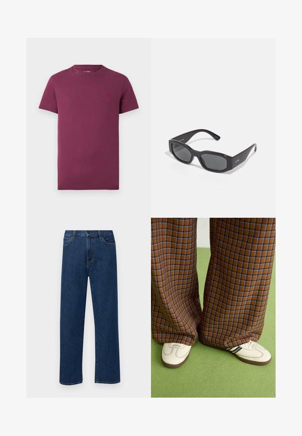 T-shirt curta de manga curta na cor borgonha, feita de algodão, com gola redonda e um pequeno logótipo bordado no lado esquerdo do peito. Textura suave.; Jeans de denim azul escuro, de perna reta, com bolsos frontais e fecho de botão, exibidos sobre um fundo branco liso.; Calças largas em padrão xadrez castanho e azul, combinadas com sapatos brancos com detalhes pretos e solas texturizadas, contra um fundo verde.; Óculos de sol retangulares pretos com lentes escuras. Armação de plástico espesso com um acabamento suave, apresentando uma marcação discreta na lateral.