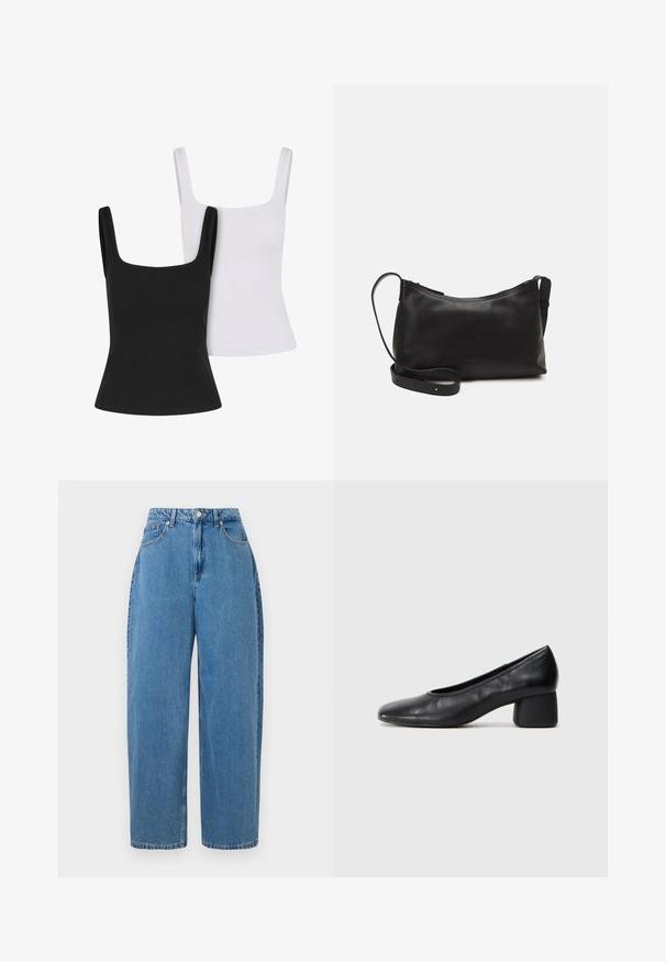 Conjunto de dos camisetas sin mangas en blanco y negro. Presenta un escote cuadrado, tirantes anchos y una silueta ajustada. Fabricadas en tejido de canalé.; Pantalones de mezclilla de color azul claro con un ajuste de pierna recta, cintura alta y cierre frontal con botón. Cuenta con cinco bolsillos y detalles de costura mínimos.; Zapato de tacón negro en piel con punta redonda y tacón bloque medio. Textura suave con un detalle minimalista, que incluye una sutil abertura elástica.; Bolso de hombro de cuero negro con una textura suave, forma curvada, correa ajustable y cierre con cremallera. Diseño minimalista sin adornos.
