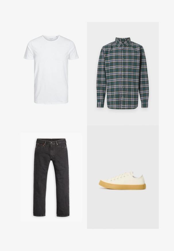 Kerek nyakú, rövid ujjú póló egyszínű fehér színben, puha pamutból készült, egyszerű dizájnnal, látható minták vagy díszítések nélkül.; Zöld flanel ing, kockás mintázattal, amely kék, fehér és mustár sárga vonalakból áll. Gombos elülső rész és hegyes gallér. Hosszú ujjak.; Fekete egyenes szabású farmernadrág, öt zsebbel, gombos záródással és réz szegeccsel, fehér háttéren elterítve.; Krémszínű vászon sportcipő, kerek orral, bézs gumi talppal és öt fűzőlyukkal, a felső részen texturált felülettel.