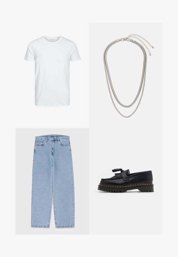 Rundhals-T-Shirt mit kurzen Ärmeln in reinem Weiß, aus weicher Baumwolle, mit einem schlichten Design ohne sichtbare Muster oder Akzente.; Hellblaue Jeans aus Denim mit geradem Bein, ausgestattet mit einer mittelhohen Taille, fünf Taschen sowie einem Knopf- und Reißverschluss.; Schwarze Lederloafers mit einem fransenverzierten Akzent, ausgestattet mit einer robusten schwarzen Sohle und gelber Naht entlang der Kante. Texturierte Oberfläche.; Dreischichtige Halskette aus Silbermetall mit schlanken, flexiblen Ketten mit leichtem Glanz, gesichert mit einem Karabinerverschluss und verstellbarer Kette.