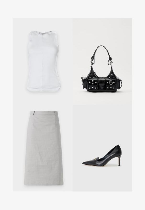 White sleeveless top made of ribbed cotton material, featuring a fitted design, rounded neckline, and visible stitching along the sides.; Gray pencil skirt with a smooth texture, fitted shape, and a flat waistband, featuring side seams and no visible patterns or accents.; Black leather pump with a pointed toe, low-cut vamp, and a decorative gold accent. Features a stiletto heel and smooth texture.; Black leather handbag with a curved design, featuring silver studs, a buckle, and two side pockets. Adjustable strap for carrying options.