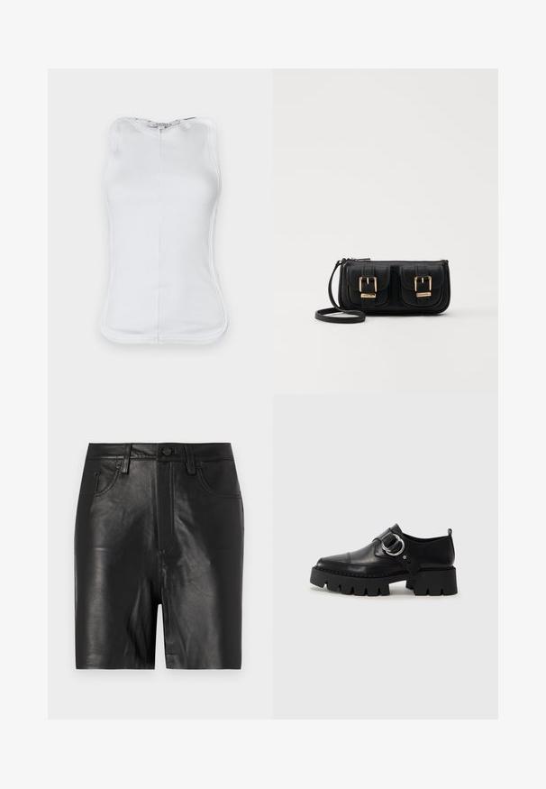 Top alb fără mâneci din material de bumbac ribbed, cu un design ajustat, decolteu rotund și cusături vizibile pe laterale.; Shorts negri din piele cu o textură netedă, având un fermoar frontal, închidere cu nasture și un design clasic cu cinci buzunare.; Pantofi din piele neagră cu o talpă groasă, nervurată, având un accent circular din metalargintiu și un detaliu minim de cusătură.; Geantă neagră din piele, tip crossbody, cu două buzunare frontale, catarame aurii, închidere cu fermoar și o curea subțire. Suprafață texturată și formă rectangulară compactă.