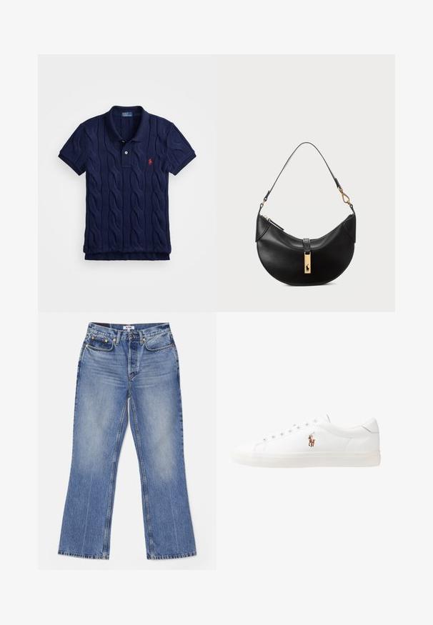 Námornícky modrá polo tričko vyrobené z pletenej látky s káblovým vzorom, s dvoma gombíkmi a malým červeným emblémom na ľavej hrudi.; RE/DONE LOOSE - Džínsy bootcut - hacienda; Biele kožené tenisky s nízkym strihom, s hladkou textúrou, okrúlym špičkou, šnurovaním vpredu a malým vyšitým logom na boku.; Čierna kožená kabelka v tvare polmesiaca. Obsahuje zlaté kovové doplnky a úzku rúčku. Hladká textúra, zips na vrchu.