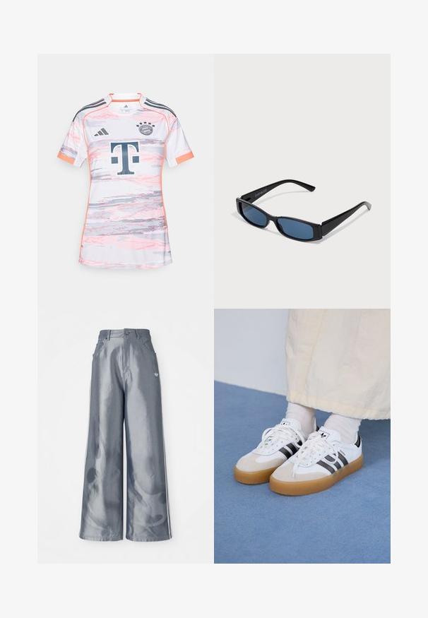 White soccer jersey with pink and gray digital pattern, Adidas logo, Bundesliga logo, and "T" sponsor logo in dark gray. Short sleeves.; Wide-leg pants in shiny gray material, featuring white side stripes and a flame pattern on the lower legs. Button and zipper closure at the waist.; White sneakers with black stripes and beige suede accents. Feature a textured gum sole and flat white laces, worn with light-colored socks.; Black sunglasses with a sleek rectangular frame and blue lenses. Features smooth texture and sturdy temples. Brand logo on the side.