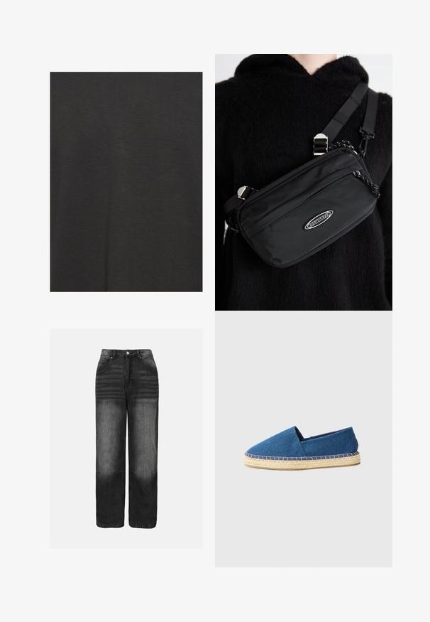 Juodas marškinėliai, pagaminti iš švelnios medžiagos, pasižymintys glotnia tekstūra ir paprastu dizainu be raštų ar akcentų.; Juodi džinsai su blukimo efektu, pasmaukta juosmens linija, penkių kišenių dizainas ir tiesus kirpimas. Matomi metaliniai elementai ir siuvimo detalės.; Mėlynos drobės espadrilės su uždara nosimi, jutinė išorė ir siuvinėta apdaila. Lygi audinio tekstūra ir žemas dizainas.; Juodas nailono per petį nešiojamas krepšys su reguliuojama juosta, turintis lygią tekstūrą, priekinį užtrauktuką ir logotipo akcentą.