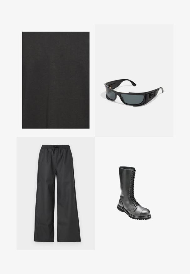 T-shirt nera realizzata in tessuto morbido, con una superficie liscia e un design semplice, privo di motivi o accenti.; Han Kjøbenhavn RELAXED TRACK TROUSERS - Pantaloni - black; Stivali da combattimento in pelle nera, con lacci, alto gambale, punta rotonda, colletto imbottito e suola in gomma texturizzata per una migliore aderenza.; Occhiali da sole con montatura in plastica nera, lenti grigie, design avvolgente, dettagli laterali e un logo sul tempio.
