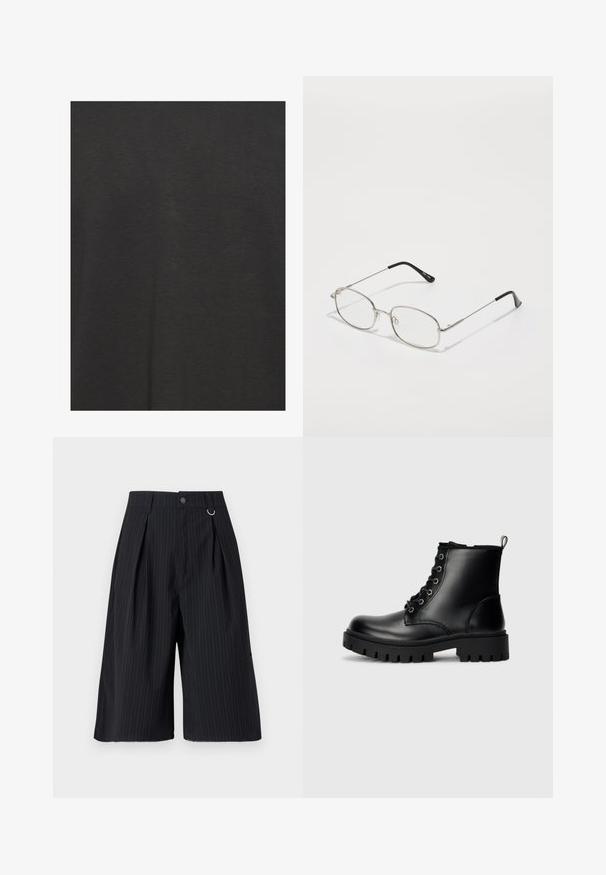 Černé tričko vyrobené z měkké tkaniny, s hladkou texturou a základním designem bez vzorů či akcentů.; Černé kratasy s jemným proužkem, s vertikálními záhyby, zapínáním na knoflík a kovovým kroužkem jako akcentem. Hladká látka s dobře padnoucím střihem a délka těsně nad kolena.; Černé kožené kotníkové boty s kulatou špičkou, šněrováním a robustní, silnou podrážkou. Obsahují poutko na patě a stříbrné kovové doplňky.; Kovové brýle s oválným rámem, stříbrnými rámečky a čirými skly. Úzké, rovné nožičky s černými špičkami, minimalistický design.