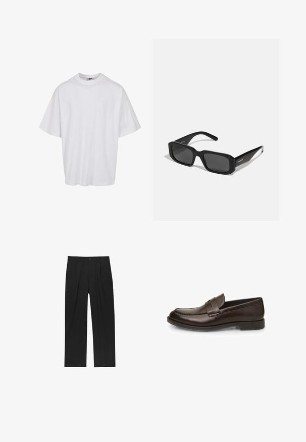 Bela bombažna majica s kratkimi rokavi in okroglim izrezom, ki se ponaša s sproščenim krojem in diskretnimi šivi.; Črne hlače z ravnim krojem, narejene iz gladkega materiala. Imajo sprednje gube in enojno zaponko na pasu.; Rjavi usnjeni mokasini z gladko teksturo, okroglo špico in detajlom šivanja. Imajo nizko, skladno peto in zasnovo za enostavno natikanje.; Arnette THEKIDD UNISEX - Sončna očala - black