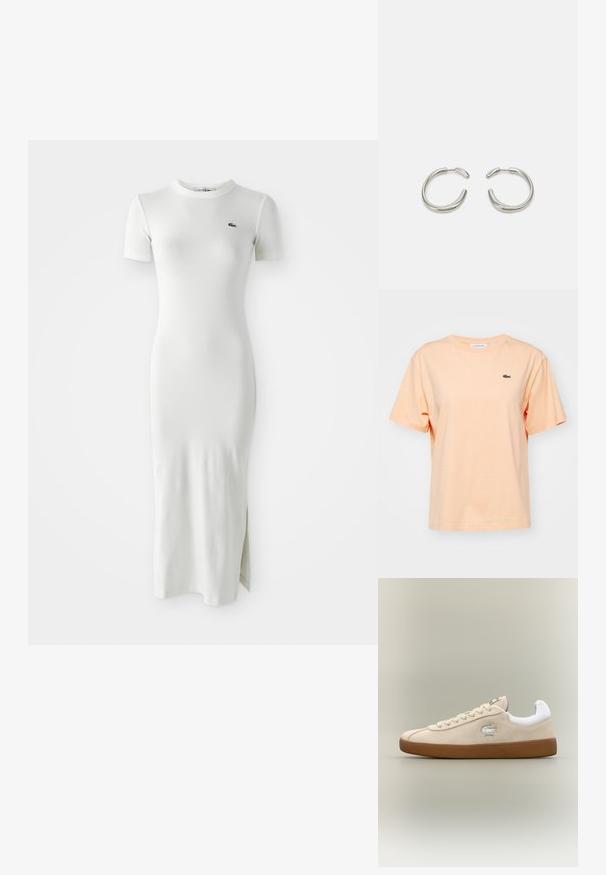 Persikka puuvillane T-särk lühikeste varrukatega ja ümarate kaelustega. Esiosas on väike roheline Lacoste krokodillilogo.; Valge ribaga midi kleit lühikeste varrukate, ümarate kaelustega ja külgmise lõhenemisega. Ees on väike roheline logo. Sile, keha järgi liikuv tekstuur.; Beez suede tossud valgete detailidega ja kummist tallaga. Küljel on tõstetud logo ja kontrastsed beeži paelad. Klassikaline disain.; Hõbedased rõngas kõrvarõngad, millel on siledatest ja ümaratest joonetest loodud disain ning läikiv poleeritud viimistlus. Omavad minimalistlikku kuju kerge avausega.