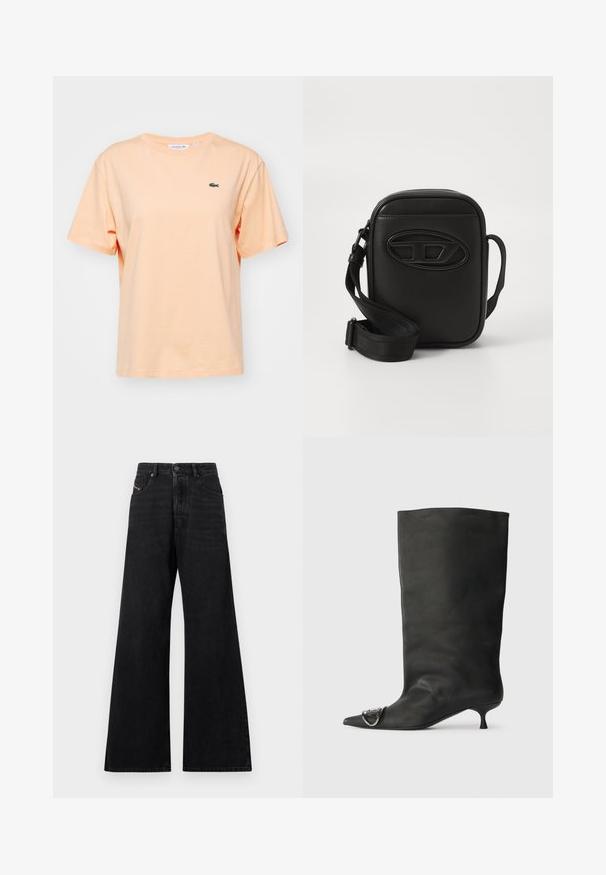 Béžové bavlnené tričko s krátkymi rukávmi a okrúhlym výstrihom. Na hrudi sa nachádza malé zelené logo krokodíla Lacoste.; Čierne džínsy s širokými nohavicami, vyrobené z denimu, s vysokým pásom, piatimi vreckami a jemným zdobením švov na prednej strane.; Čierna kožená členková topánka s špicatou špičkou, malým podpätkom a kovovým akcentom na špičke. Hladká, matná textúra po celom povrchu.; Malá obdĺžniková čierna crossbody taška s nastaviteľným textilným popruhom a embosovaným oválnym logom na prednom paneli.