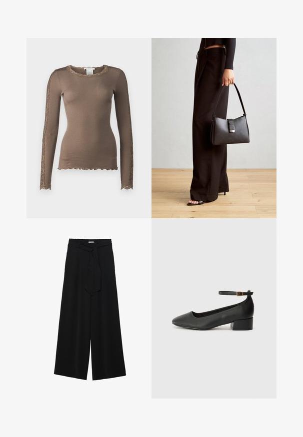 Rosemunde BERNADINE REGULAR O NECK - Topper langermet - brown; Svart vide bukser med teksturert stoff, elastisk midje og avtagbart belte som gir justerbar passform.; Sorte skinnpumper med spiss tå og lav blokkhelt. Har ankelrem med gullfarget spenne. Glatt tekstur.; Svart håndveske med strukturert form, jevn tekstur og metallisk lås. Kombinert med brede svarte bukser og sandaler med åpen tå på tregulv.