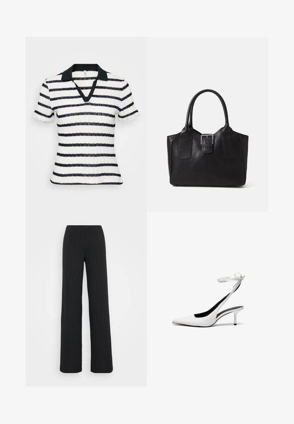 Csíkos, rövid ujjú póló, mély V-nyakkal, fekete gallérral és váltakozó fekete-fehér textúrált csíkokkal.; Vero Moda Tall VMBERLIN MY WIDE - Nadrágok - obsidian/oatmeal; Fehér, hegyes orrú, hátsó pánttal ellátott magassarkú cipők vékony boka pánttal. Finom bőrből készült, vékony tűsarkú, és fekete belső béléssel rendelkezik.; Fekete bőr bevásárlótáska sima textúrával, strukturált formával, két fogantyúval és egy figyelemfelkeltő ezüst csattal az elején.