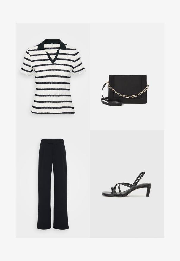 Raitapaita, jossa on lyhyet hihat ja syvä V-pääntie, musta kaulus sekä vuorotellen mustia ja valkoisia teksturoituja raitoja.; Lepardlegar suorat mustasta kankaasta, joissa on litteä etuosa, vyölenkit ja sileä pinta, ilman näkyviä kuvioita tai koristeita.; Mustat hihnalligat, joissa on neliön muotoinen kärki ja matala lohkokorko. Ominaisuuksiin kuuluu useita ohuita hihnoja ja säädettävä nilkkahihna. Valmistettu sileästä nahasta.; Musta nahkainen olkalaukku, jossa on sileä pinta, suorakulmainen muoto ja metalliketju yksityiskohtana edessä. Mukana säädettävä hihna.