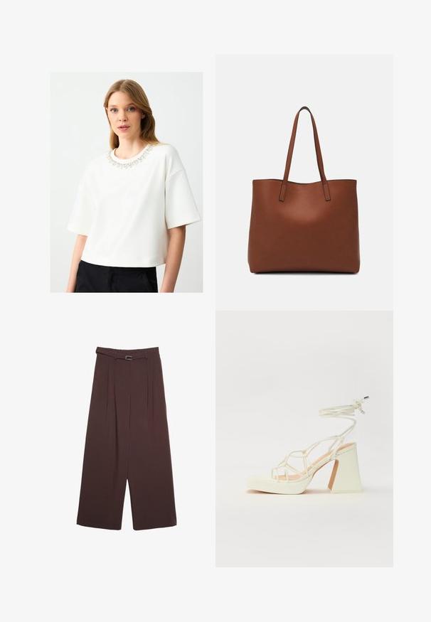Weißer, kurz geschnittener Sweatshirt mit kurzen Ärmeln und einem dekorativen, mit Juwelen besetzten Ausschnitt. Glatte Textur und minimalistisches Design.; Stradivarius WIDE-LEG WITH BUCKLE DETAIL - Stoffhose - dark brown; Weiße High-Heel-Sandale mit einem klobigen Absatz, die über ein Riemchendesign und ein Knöchelband verfügt. Glatte Textur mit einer Plattform vorne für zusätzliche Höhe.; Braune Leder-Tote mit glatter Textur, offenem Oberteil und zwei Schulterriemen. Verfügt über minimale Nähte und keine sichtbaren Beschläge.