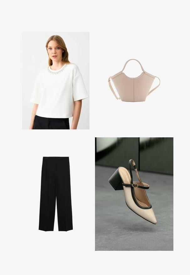 Witte cropped sweatshirt met korte mouwen, voorzien van een decoratieve halslijn bezet met juwelen. Gladde textuur en minimalistisch ontwerp.; Zwarte wijde broek van een gladde stof, met plooien aan de voorkant en zijzakken, ontworpen met een rechte, relaxte snit.; Beige puntige slingback schoen met zwarte rand, gouden gesp en een chunky blokhak op een grijze vloer met een donker groene achtergrond.; Beige leren handtas met een unieke vorm, voorzien van twee korte handvatten en een lange verstelbare schouderriem. Glad oppervlak met minimale hardware.