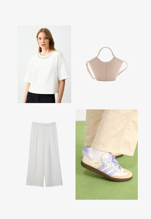 Biała poprzeczna bluza z krótkimi rękawami, z ozdobnym dekoltem wysadzanym klejnotami. Gładka tekstura i minimalistyczny design.; Białe szerokie spodnie wykonane z lekkiego materiału, z elastyczną talią i sznurkiem do regulacji fasonu. Gładka tekstura.; Kremowe i lawendowe trampki z trzema paskami oraz teksturowaną brązową podeszwą, wyposażone w sznurówki i wyścieloną piętę. Górna część z miękkiego materiału.; Beżowa skórzana torebka o unikalnym kształcie, z dwoma krótkimi uchwytami i długim, regulowanym paskiem. Gładka tekstura z minimalną ilością elementów metalowych.