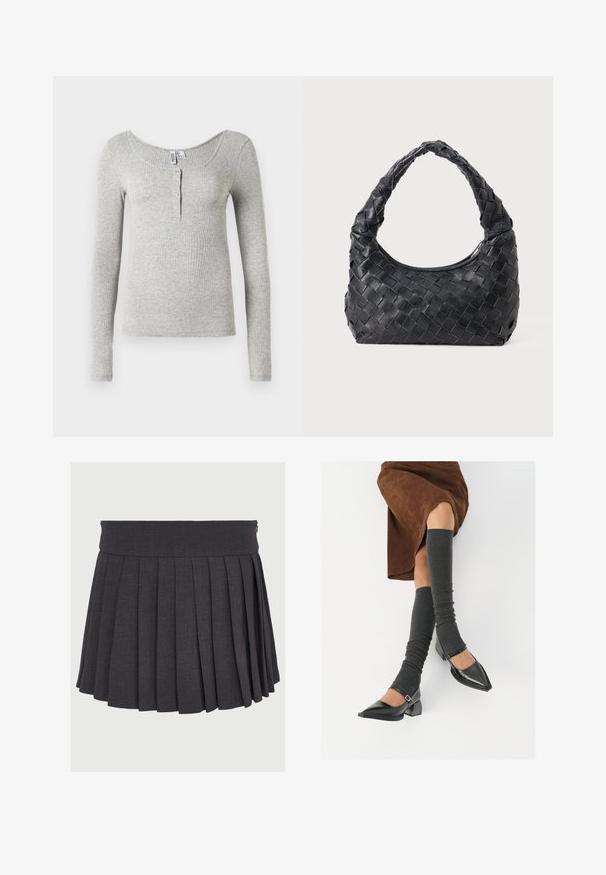 Světlé šedé žebrované tričko s dlouhým rukávem a výstřihem do tvaru lodě, se čtyřmi knoflíky na předním zapínání, vystavené na bílém pozadí.; Šedá skládací sukně s plochým pasem a zipovým uzávěrem, vyrobená z texturované látky, s pravidelně rozmístěnými hlubokými sklady.; Černé lakované boty s špičatou špičkou, blokovým podpatkem a kotníkovým páskem, spárované s šedými žebrovanými návleky na nohy a hnědskou sukní z semiše.; Černá kožená tkaná taška přes rameno s zaoblenou rukojetí a měsíčkovým tvarem na jednobarevném pozadí.