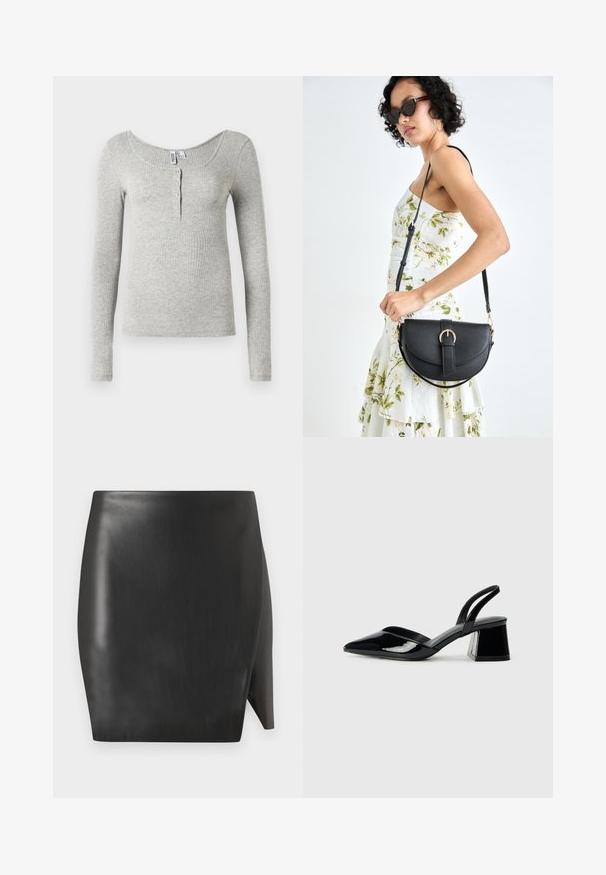 Šviesiai pilkas ripsuotas ilgomis rankovėmis marškinėliai su apvaliu iškirpimu ir keturiais mygtukais priekyje, pristatyti ant balto fono.; Juodas odinis mini sijonas su glotnia tekstūra, turintis tiesią siluetą ir asimetrinę hemline vienoje pusėje.; Juodos lakuotos odinės šlepetės su smailiu pirštu ir geometriniu bloko kulnu. Turi elegantišką, minimalistinį dizainą ir lygų paviršių.; Juodas odinis krepšys su išlenkta forma, nuimamu dirželiu ir auksiniais detalėmis. Krepšys turi kilpą su sagtimi.