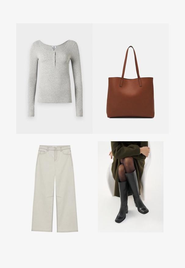 Svijetlo siva rebrasta majica dugih rukava s izrezom i četiri gumba na prednjem dijelu, prikazana na bijeloj pozadini.; Svijetlosivi široki hlače s pet džepova, prednjim kopčanjem na dugme i kontrastnim šavovima. Tkanina izgleda mekano i izdržljivo.; Čizme od crne kože do koljena sa četvrtastim vrhom i blok petom, prikazane s manekenkom koja sjedi u maslinasto zelenom kaputu. Glatka tekstura, minimalni detalji.; Smeđa kožna torba preko ramena s glatkom teksturom, otvorenim vrhom i dvjema naramenicama. Ima minimalne šavove i nema vidljivog hardvera.
