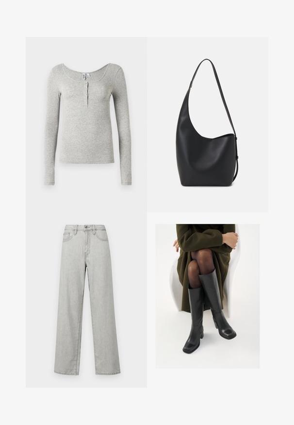 Light gray ribbed long-sleeve shirt with scoop neckline and four buttons on the front placket, displayed on a white background.; Light gray wide-leg jeans made of denim, featuring a high waist, front pockets, and a standard closure with a button and zipper.; Knee-high black leather boots with a squared toe and block heel, shown with a model seated in an olive green coat. Smooth texture, minimal detailing.; Black leather hobo bag with a smooth texture, curved shape, and single adjustable strap; features a wide opening at the top.