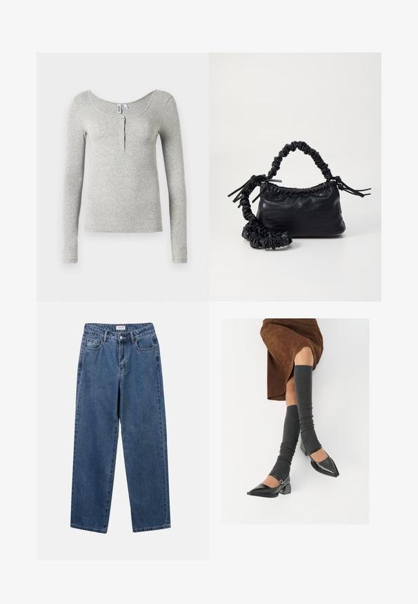 Light gray ribbed long-sleeve shirt with scoop neckline and four buttons on the front placket, displayed on a white background.; Classic blue denim jeans with a straight-leg design, five pockets, and a button closure. Features a medium wash and sturdy texture.; Black patent leather pointed-toe shoes with a block heel and ankle strap, paired with gray ribbed leg warmers and a brown suede skirt.; Black faux leather handbag with a crocodile texture, cinched top, and a scrunched strap. Appears soft and compact in design.