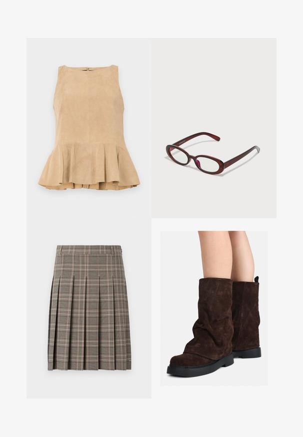 Bēša zamša bez piedurknēm blūze ar viļņotu apakšējo malu, kas aprīkota ar rāvējslēdzēja aizdari aizmugurē, ar teksturētu virsmu un smalku spīdumu.; Pelēks svārku kostīms ar plīvuriem, kuram ir tumšo un gaišo toņu sajaukums un smalkas rozā svītras. Izgatavots no teksturēta auduma ar jostu.; Brūni zamšādas puszābaki līdz teļiem ar melnām gumijas zālēm uz atklātām kājām, ar vieglu krokām uz zābaku kājām.; Ovālas formas sarkanās saulesbrilles ar caurspīdīgām lēcām un gludām brūnām rāmī. Dizainā ir nemanāmas līknes un minimāls aparatūras daudzums.