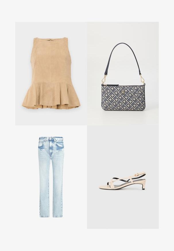 Beige ruskindsløs top med flæsekant, der har en lynlås i ryggen, struktureret overflade og en diskret glans.; Lyseblå denimjeans med lige ben-design, fem lommer og en falmet tekstur. Har synlig syning og en klassisk knaplukning.; Beige læder slingback sandal med krydsede stropper, lav hæl og sorte detaljer. Glat tekstur og minimalistisk design.; Rektangulær håndtaske med et navy og creme geometrisk mønster, tekstureret stof, guldfarvede metaldele og en enkelt navy skulderrem.